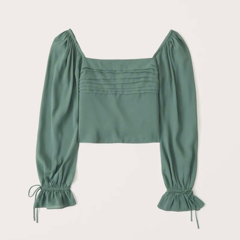 NWT Abercrombie Green Long-Sleeve Pleated Tie Sleeve Top (Small)